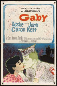 5p373 GABY 1sh '56 wonderful close up art of soldier John Kerr kissing Leslie Caron!
