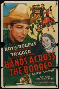 5p419 HANDS ACROSS THE BORDER 1sh '43 wonderful close up artwork of cowboy Roy Rogers!