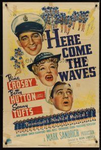 5p440 HERE COME THE WAVES style A 1sh '44 art of Navy sailor Bing Crosby & Betty Hutton singing!