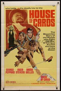 5p458 HOUSE OF CARDS 1sh '69 George Peppard, Orson Welles, cool artwork of cast!