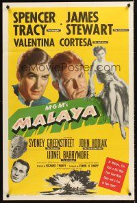 5p575 MALAYA 1sh '49 close-up of James Stewart & Spencer Tracy, sexy Valentina Cortesa!