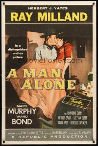 5p576 MAN ALONE 1sh '55 art of star & director Ray Milland carrying Mary Murphy!
