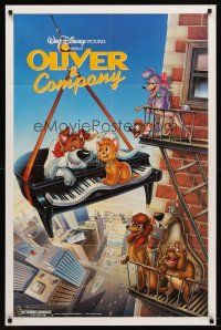 5p668 OLIVER & COMPANY 1sh '88 great image of Walt Disney cats & dogs in New York City!