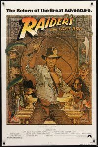 5p724 RAIDERS OF THE LOST ARK 1sh R82 great art of adventurer Harrison Ford by Richard Amsel!