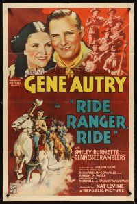5p738 RIDE RANGER RIDE 1sh '36 great art portrait of smiling cowboy Gene Autry + on horse!