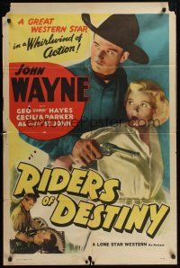 5p739 RIDERS OF DESTINY 1sh R47 John Wayne in a whirlwind of action, Cecilia Parker!