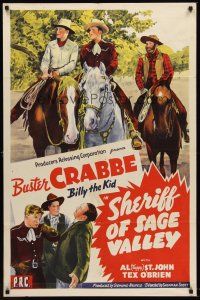 5p807 SHERIFF OF SAGE VALLEY 1sh '42 stone litho art Crabbe as Billy the Kid, Fuzzy St. John!