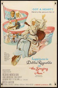 5p816 SINGING NUN 1sh '66 great artwork of Debbie Reynolds with guitar riding Vespa!