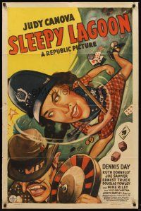 5p826 SLEEPY LAGOON 1sh '43 wacky art of Judy Canova slugging crooked gambler with billy club!