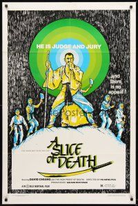 5p827 SLICE OF DEATH 1sh '82 he is judge and jury and there is no appeal, cool art by T. Knipe!