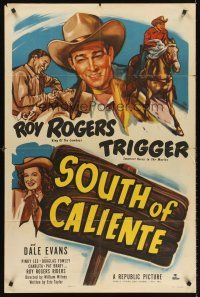 5p840 SOUTH OF CALIENTE 1sh '51 cool art of Roy Rogers riding Trigger and sexy Dale Evans!