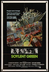 5p841 SOYLENT GREEN int'l 1sh '73 art of Charlton Heston trying to escape riot control by John Solie
