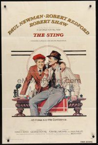 5p855 STING 1sh '74 best artwork of con men Paul Newman & Robert Redford by Richard Amsel!