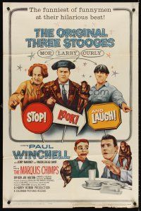 5p856 STOP LOOK & LAUGH 1sh '60 Three Stooges, Larry, Moe & Curly + chimpanzees & dummy!