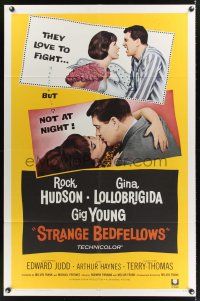 5p858 STRANGE BEDFELLOWS 1sh '65 Gina Lollobrigida & Rock Hudson love to fight, but not at night!