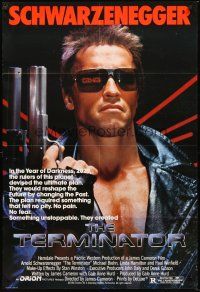 5p890 TERMINATOR 1sh '84 super close up of most classic cyborg Arnold Schwarzenegger with gun!