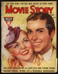 5s122 MOVIE STORY magazine November 1937 art of Alice Faye & Tyrone Power, smoking Carole Lombard!