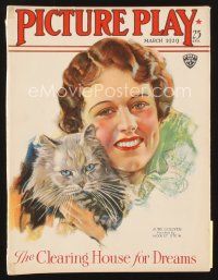 5s097 PICTURE PLAY magazine March 1929 art of June Collyer smiling with her cat by Modest Stein!