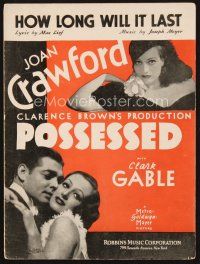 5s262 POSSESSED sheet music '31 Joan Crawford, Clark Gable, How Long Will It Last!