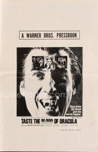 5s415 TASTE THE BLOOD OF DRACULA pressbook '70 Christopher Lee, c/u showing his vampire teeth!