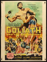 5w355 GOLIATH & THE BARBARIANS 30x40 '59 art of Steve Reeves protecting sexy Chelo Alonso!