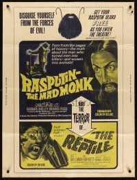 5w383 RASPUTIN THE MAD MONK/REPTILE 30x40 '66 wacky Hammer double-bill, free Rasputin beards!