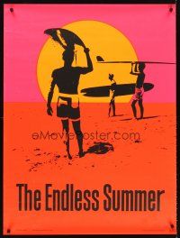 5w001 ENDLESS SUMMER day-glo commercial poster '86 Bruce Brown surfing classic, surfers on beach!