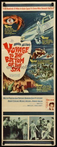 5x188 VOYAGE TO THE BOTTOM OF THE SEA insert '61 fantasy sci-fi art of scuba divers & sea monster!