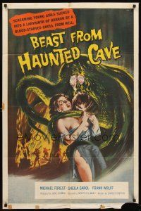 5y148 BEAST FROM HAUNTED CAVE 1sh '59 Roger Corman, best art of monster w/ sexy near-naked victim!