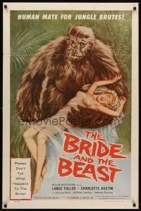 5y178 BRIDE & THE BEAST 1sh '58 Ed Wood classic, great wacky art of huge ape holding sexy girl!