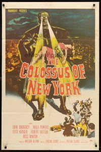 5y209 COLOSSUS OF NEW YORK 1sh '58 great artwork of robot monster holding sexy girl & attacking!