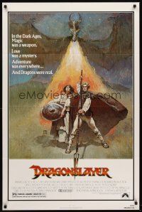 5y291 DRAGONSLAYER 1sh '81 cool Jeff Jones fantasy artwork of Peter MacNicol w/spear & dragon!
