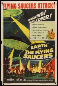 5y298 EARTH VS. THE FLYING SAUCERS 1sh '56 sci-fi classic, cool art of UFOs & aliens invading!
