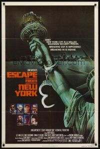 5y310 ESCAPE FROM NEW YORK advance 1sh '81 John Carpenter, art of handcuffed Lady Liberty by Watts!