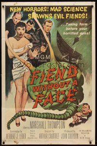 5y330 FIEND WITHOUT A FACE 1sh '58 giant brain & sexy girl in towel, mad science spawns evil!