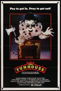 5y363 FUNHOUSE 1sh '81 Tobe Hooper, creepy carnival clown jack-in-the-box with axe horror image!