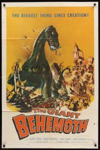 5y371 GIANT BEHEMOTH 1sh '59 cool art of massive brontosaurus dinosaur monster smashing city!