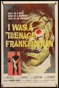 5y429 I WAS A TEENAGE FRANKENSTEIN 1sh '57 wonderful close up art of monster + holding sexy girl!