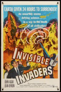 5y450 INVISIBLE INVADERS 1sh '59 cool artwork of alien who gives Earth 24 hours to surrender!