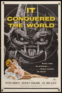 5y457 IT CONQUERED THE WORLD 1sh '56 Roger Corman, AIP, great art of wacky monster & sexy girl!