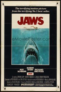5y463 JAWS 1sh '75 art of Steven Spielberg's classic man-eating shark attacking sexy swimmer!