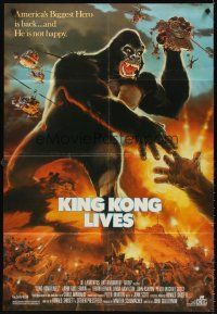 5y472 KING KONG LIVES 1sh '86 great artwork of huge unhappy ape attacked by army!