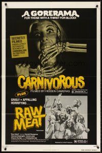 5y484 LAST SURVIVOR/RAW MEAT 1sh '79 horror double-bill, girl in peril & cannibals, Gorerama!