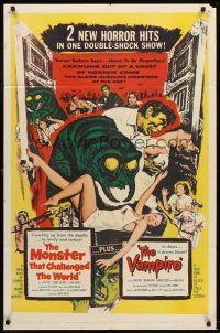 5y527 MONSTER THAT CHALLENGED THE WORLD/VAMPIRE 1sh '57 two horror hits in a double-shock show!