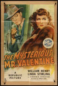 5y542 MYSTERIOUS MR. VALENTINE 1sh '46 art of William Henry in lab & sexy Linda Sterling in fur!