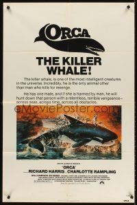 5y581 ORCA 1sh '77 wild artwork of attacking Killer Whale by John Berkey, it kills for revenge!