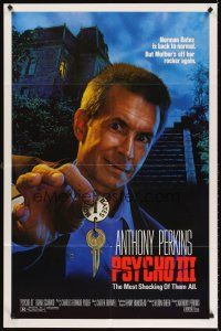 5y603 PSYCHO III 1sh '86 great close image of Anthony Perkins as Norman Bates, horror sequel!