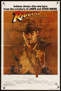 5y609 RAIDERS OF THE LOST ARK 1sh '81 great art of adventurer Harrison Ford by Richard Amsel!