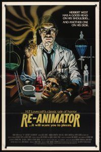 5y613 RE-ANIMATOR 1sh '85 great image of mad scientist with severed head in bowl!