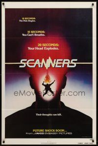 5y636 SCANNERS teaser 1sh '81 Cronenberg, in 20 seconds your head explodes, their thoughts can kill!